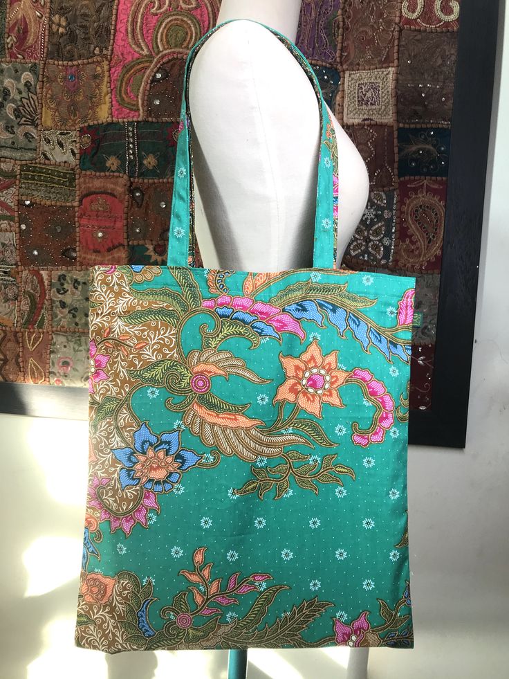 Indonesian Printed Batik Fabric Shopping Bag Bohemian Floral Print Tote Shoulder Bag, Bohemian Tote Shoulder Bag With Floral Print, Bohemian Shoulder Bag With Floral Print Tote, Bohemian Floral Print Bags For Vacation, Bohemian Multicolor Floral Print Bag, Green Floral Print Rectangular Bag, Green Floral Print Shoulder Bag For Summer, Green Floral Print Beach Bag, Bohemian Floral Print Shoulder Bag For Daily Use