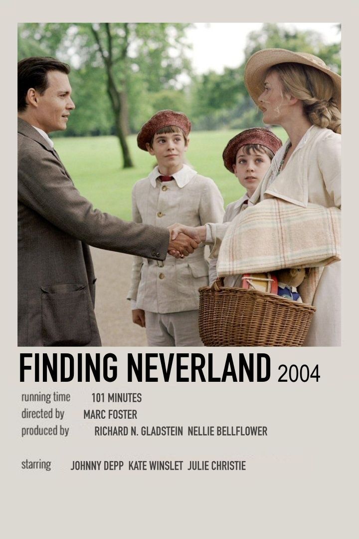 a movie poster for finding neverland with three people shaking hands and two children in the background