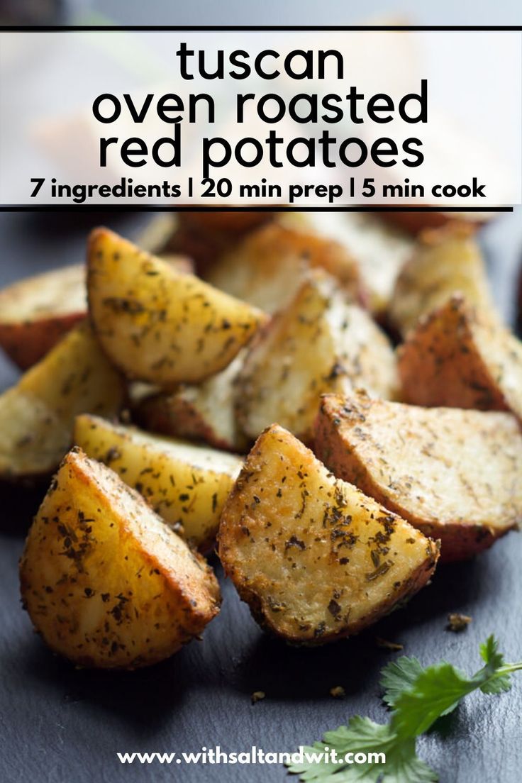 roasted red potatoes with parsley on the side and text overlay that reads tuscan oven roasted red potatoes