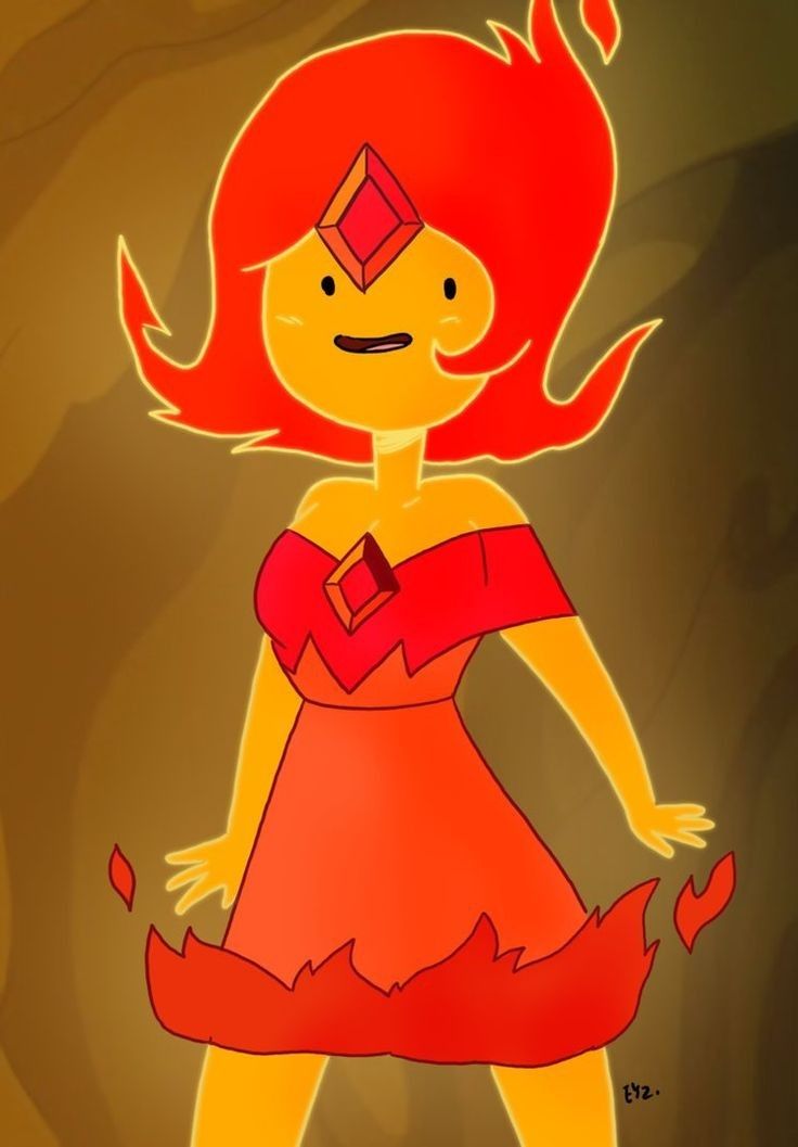 a drawing of a girl with red hair and an orange dress, standing in front of a brown background