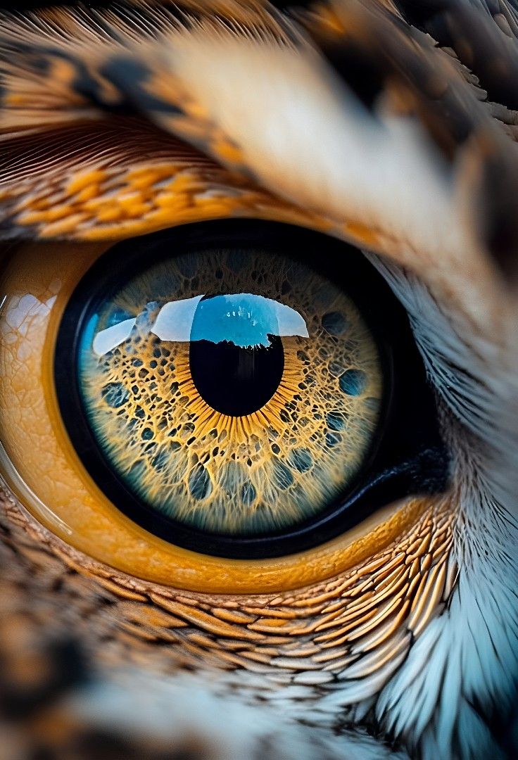 an owl's eye is reflected in the iris