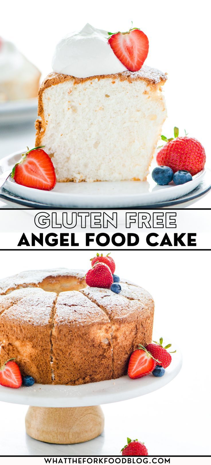 two pictures showing different types of cake with the words gluten free angel food cake