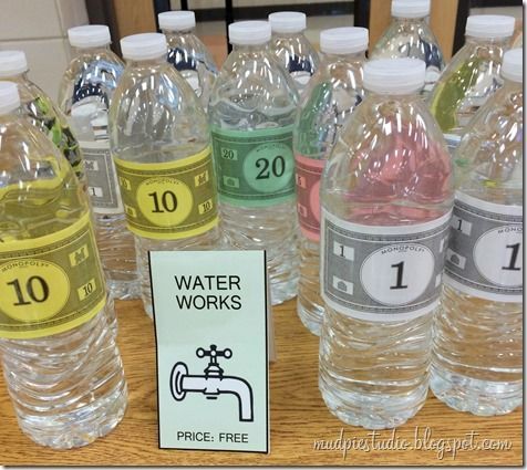 bottled water bottles with labels on them sitting on a table next to each other in front of a price label