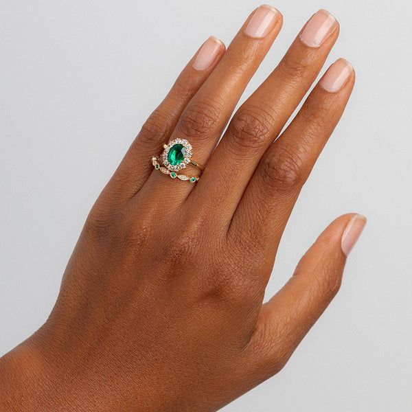 Emerald Braswell | Victorian Inspired Emerald Diamond Halo Engagement Ring – Trumpet & Horn Emerald Gemstone Engagement Ring, Emerald Engagement Ring Green, Gemstone Engagement Ring, 14k Gold Wedding Band, Emerald Ring Gold, Oval Engagement, Halo Style, Zambian Emerald, Emerald Engagement