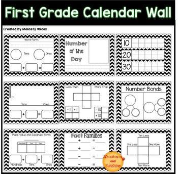 the first grade calendar wall is shown with black and white chevrons