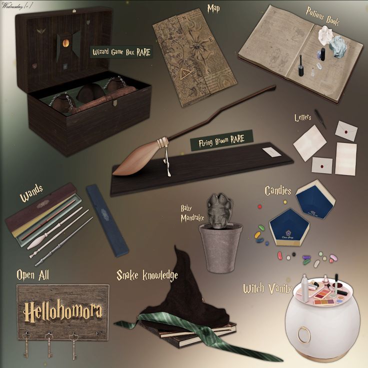 an assortment of harry potter items including wands, books and trinkets are shown