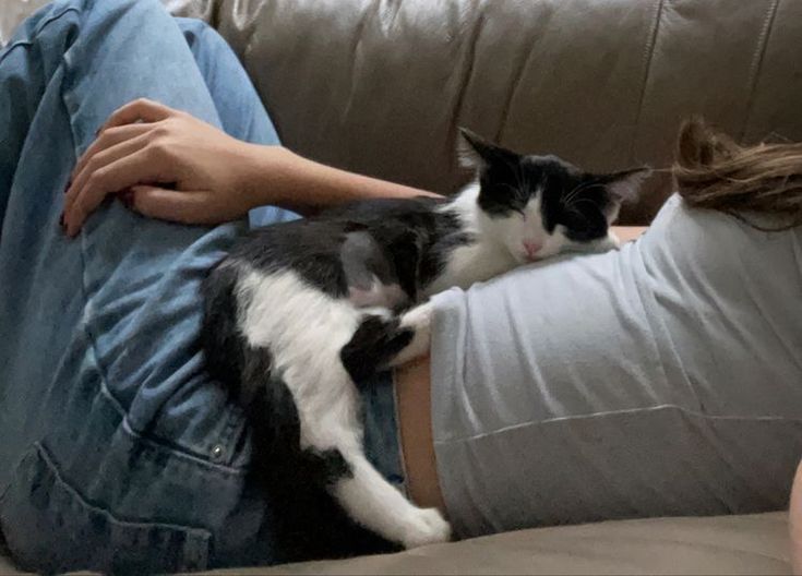 a black and white cat laying on the back of a couch next to a woman