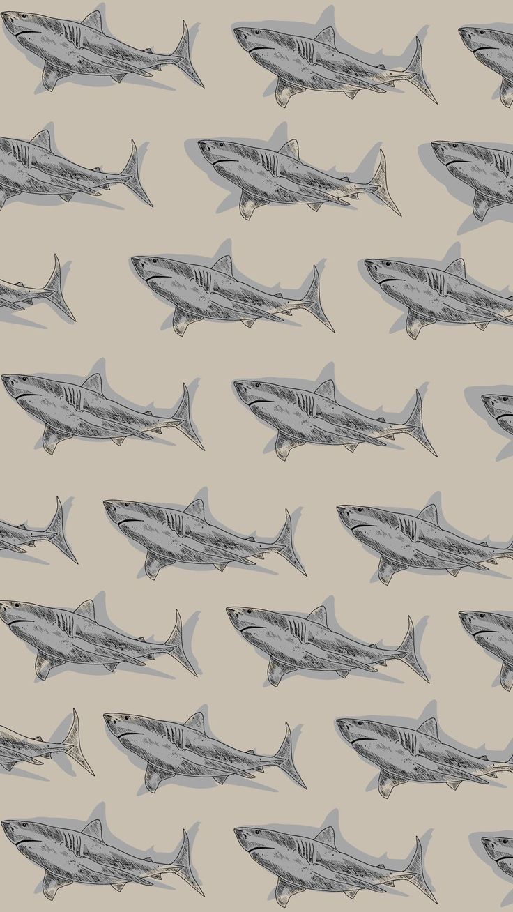 a group of sharks that are on a wallpaper pattern in grey and beige colors