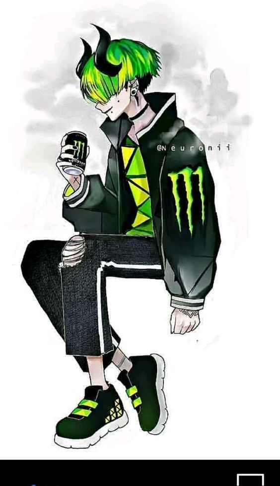 a drawing of a man with green hair sitting on top of a chair holding a cell phone