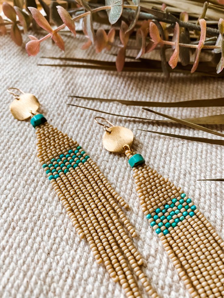 ~ Details ~ 》Handwoven with Japanese glass seed beads and genuine turquoise beads. Attached to brushed brass pieces. Approximately 5.25 inches long. Comes on 14k gold fill ear wires unless asked otherwise. 》This is a made-to-order item. Orders may take 2-3 weeks to ship. If you need your item sooner please message me and I will do my best to accommodate all special requests! 》MADE TO ORDER POLICY: Stone & Sky designs are "made to order," meaning the piece is created after the order is placed. I Sky Design, The Pacific Northwest, Glass Seed Beads, Genuine Turquoise, Fringe Earrings, Brushed Brass, Turquoise Beads, The Pacific, Needle And Thread