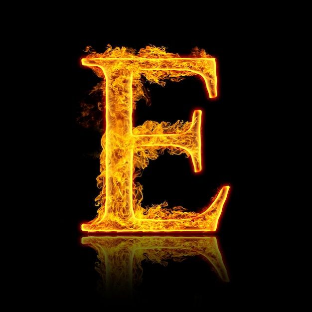 the letter e in fire on a black background