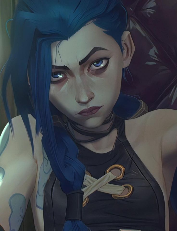 a woman with blue hair and piercings on her chest is staring at the camera