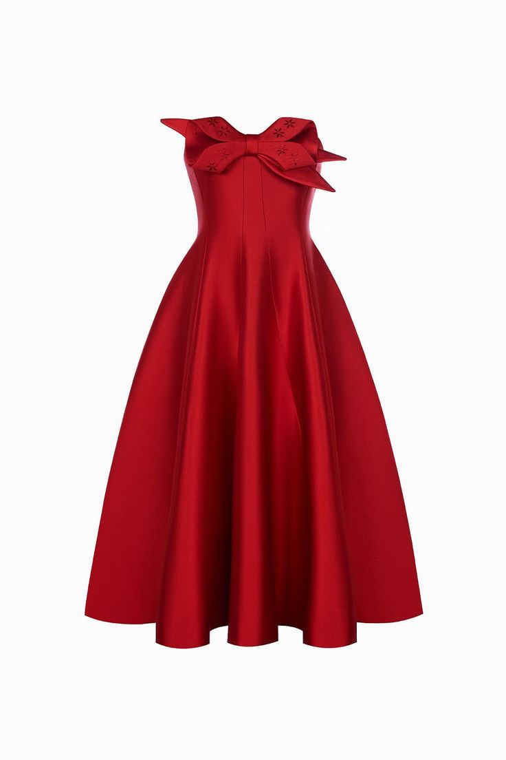 The dress looks gorgeous in nude and red colors, with a delicate bow at the chest, a great outfit for the holiday season and year-end parties. Note:*Processing time takes 3-5 working days (NOT including shipping time). Product Details - Product type: Midi Dress- Material: Taffeta- Strapless- Big bow on the chest- Dart lines- Flare form- Length: 100cm Size & Fit - Model wears size: S- Model measurement: <165cm Care Instruction - Professional dry clean, short cycle - Iron low heat (110°C) - Wash w Red Flare, Mean Blvd, Red Midi, Dress Looks, Velvet Midi Dress, Bandage Dress Bodycon, Taffeta Dress, Costume Intero, Big Bow