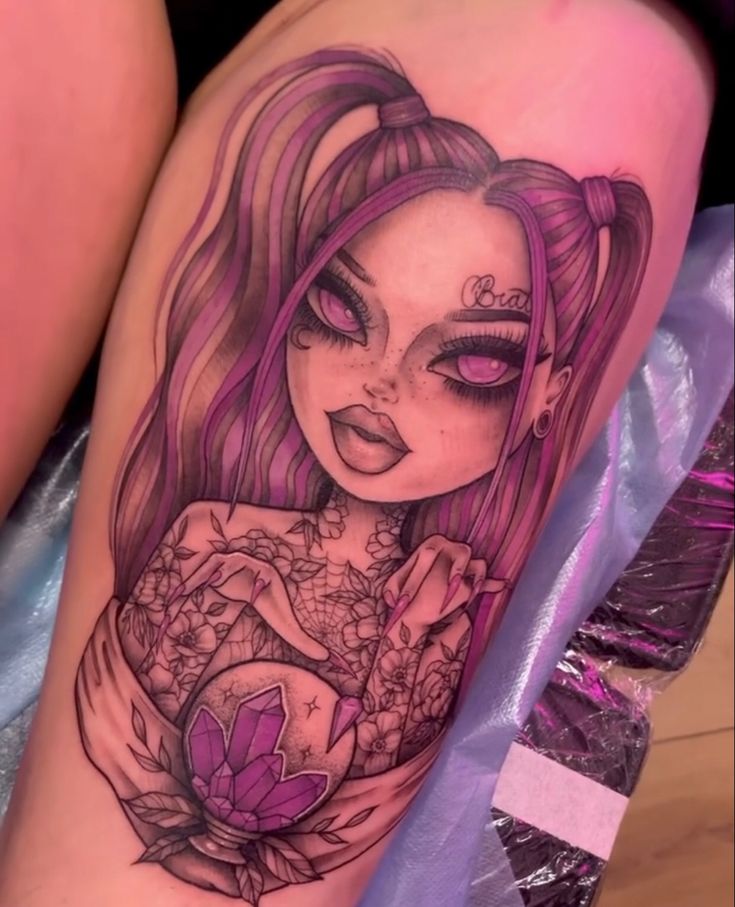 a woman with pink hair and tattoos on her leg