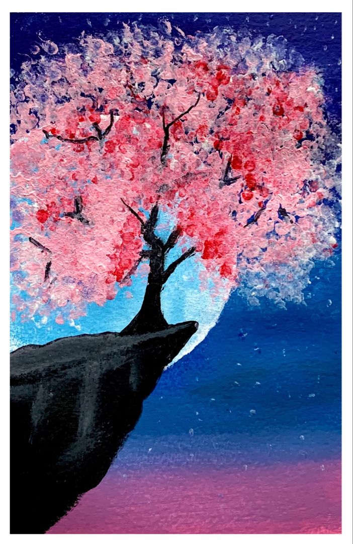 a painting of a tree with pink flowers on it