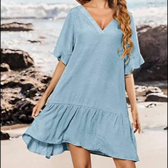 New Womens Swimsuit Coverup, Summer Dress, Sexy V Neck Bathing Suit Cover Up - M Length Is Approximately 34.5” Loose-Fitting Pullover Style Fast Drying Fabric Light Blue Mini Dress For Beach, Solid V-neck Beach Cover-up Dress, Fitted V-neck Mini Dress For Beach Cover-up, Light Blue V-neck Mini Dress For Vacation, Fitted V-neck Dress For Beach Party, Light Blue Mini Dress For The Beach, Light Blue Summer Mini Dress For Beach Season, Casual Light Blue Mini Dress For Beach Season, Light Blue V-neck Summer Mini Dress