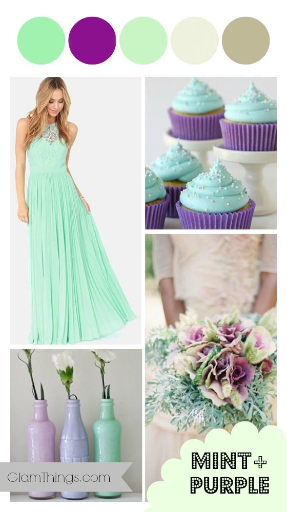 mint green and purple wedding color scheme with cupcakes, flowers, vases