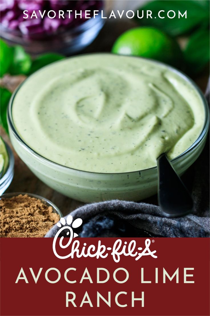 avocado lime ranch in a bowl with the text above it that reads, chicken - floss avocado lime ranch