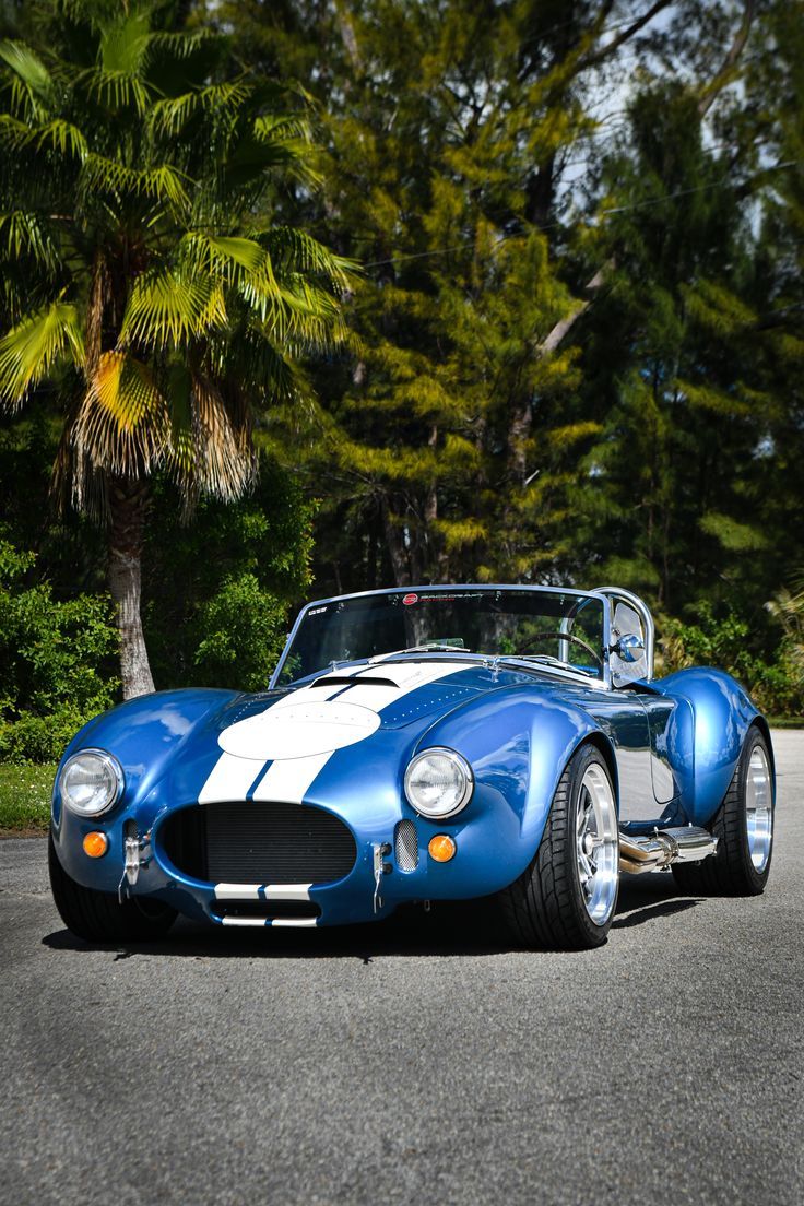 a blue and white sports car is parked on the side of the road in front of some trees