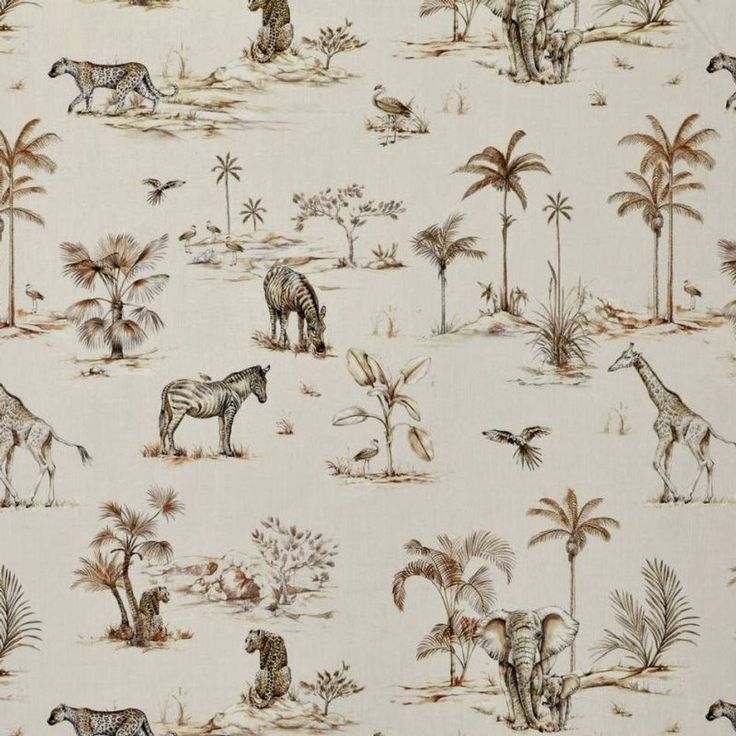 an animal themed wallpaper with zebras, giraffes and palm trees