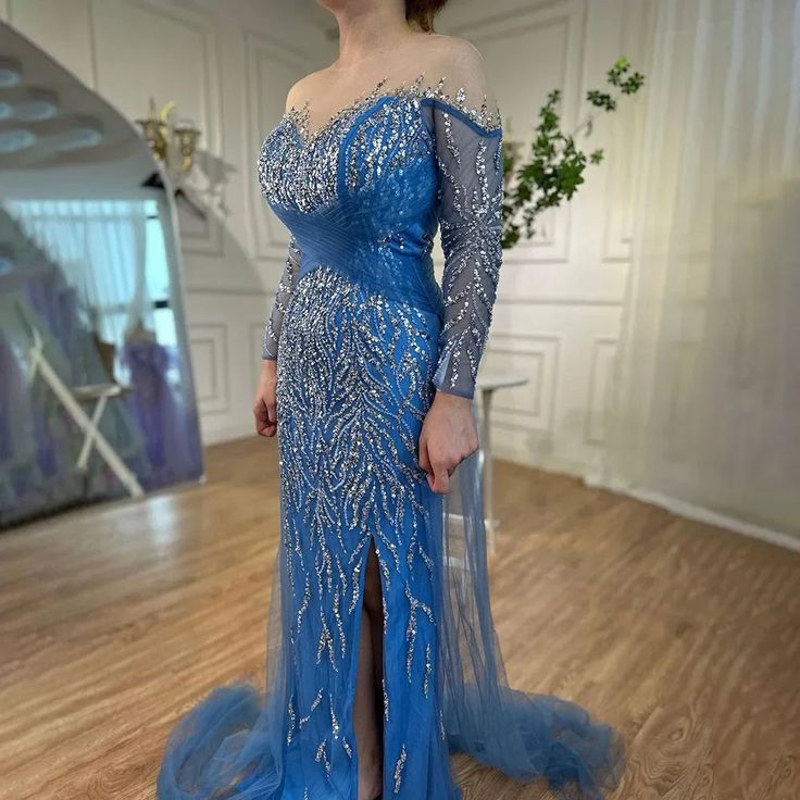 Stunning Dubai Blue Mermaid Evening Dress - Sexy High Split with Skirt Beaded Gown for Women's Wedding Party 2024 Beaded Embellishments, Blue Mermaid, Beaded Gown, Mermaid Silhouette, Mermaid Evening Dresses, Luxurious Design, A Mermaid, Fitted Bodice, Formal Event