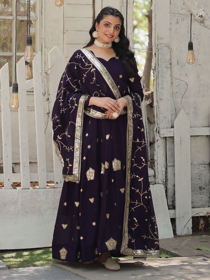 Introducing our stunning purple embroidered silk wedding wear gown with dupatta, the perfect outfit for any special occasion. This gown is the epitome of elegance with its rich sequins and intricate embroidered work, making you feel like royalty as you grace any event.
This purple gown is endless. Not only does it exude sophistication and style, but it also offers a comfortable fit with sizes ranging from M to XXL. The 3.5-meter flair adds a touch of drama to your look, while the 56-meter-long d Gown With Dupatta, Lehenga Choli Wedding, Reception Gown, Purple Gowns, Exquisite Gowns, Long Gown Dress, Patiala Salwar, Anarkali Gown, Party Wear Lehenga