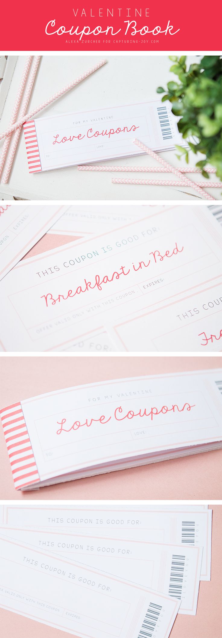 four different types of coupons sitting on top of a pink tablecloth with red and white stripes