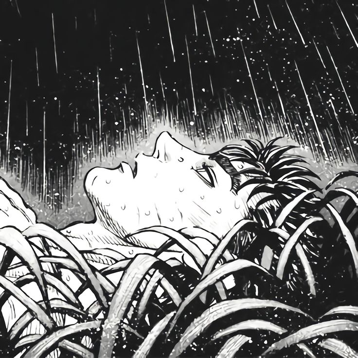 a black and white drawing of a man sleeping in the rain with his head above grass