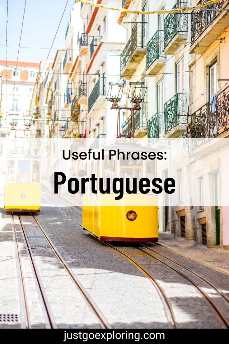 two yellow trolleys on tracks in front of buildings with the words useful phrases portuguese