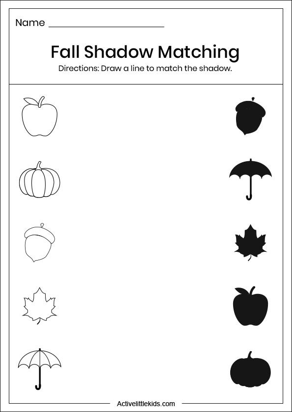 the fall shadow matching worksheet is shown with an apple, umbrella and leaves