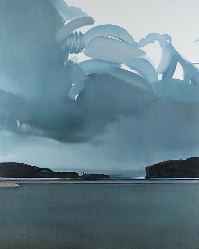 an abstract painting with blue and white colors on the water's edge is shown