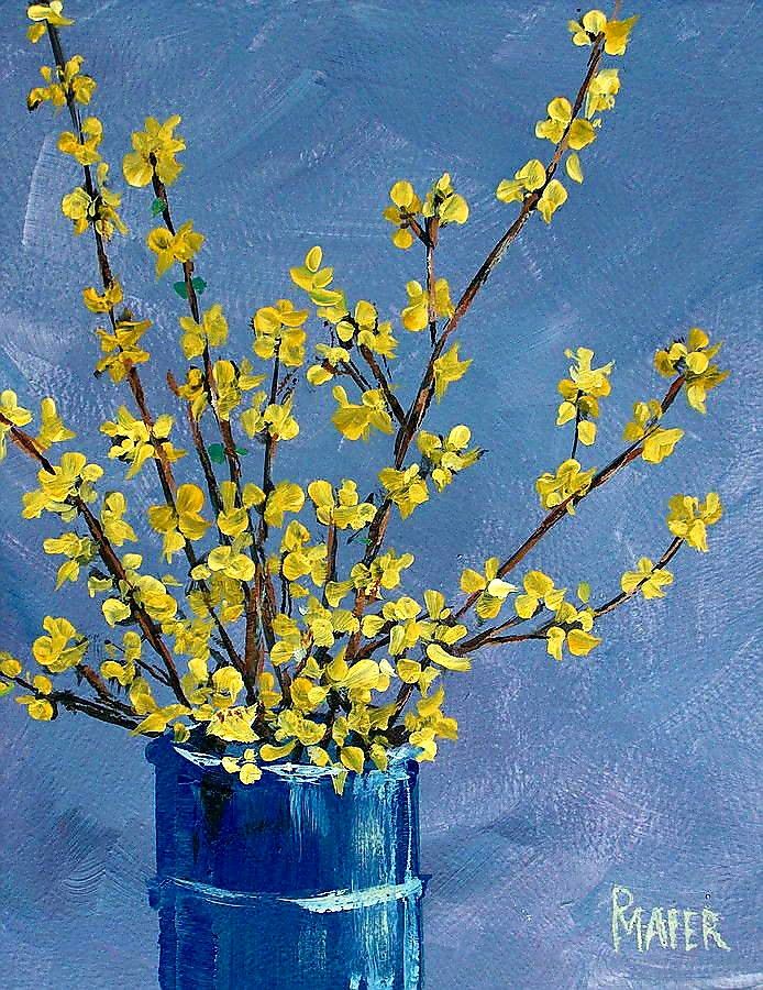 a painting of yellow flowers in a blue vase