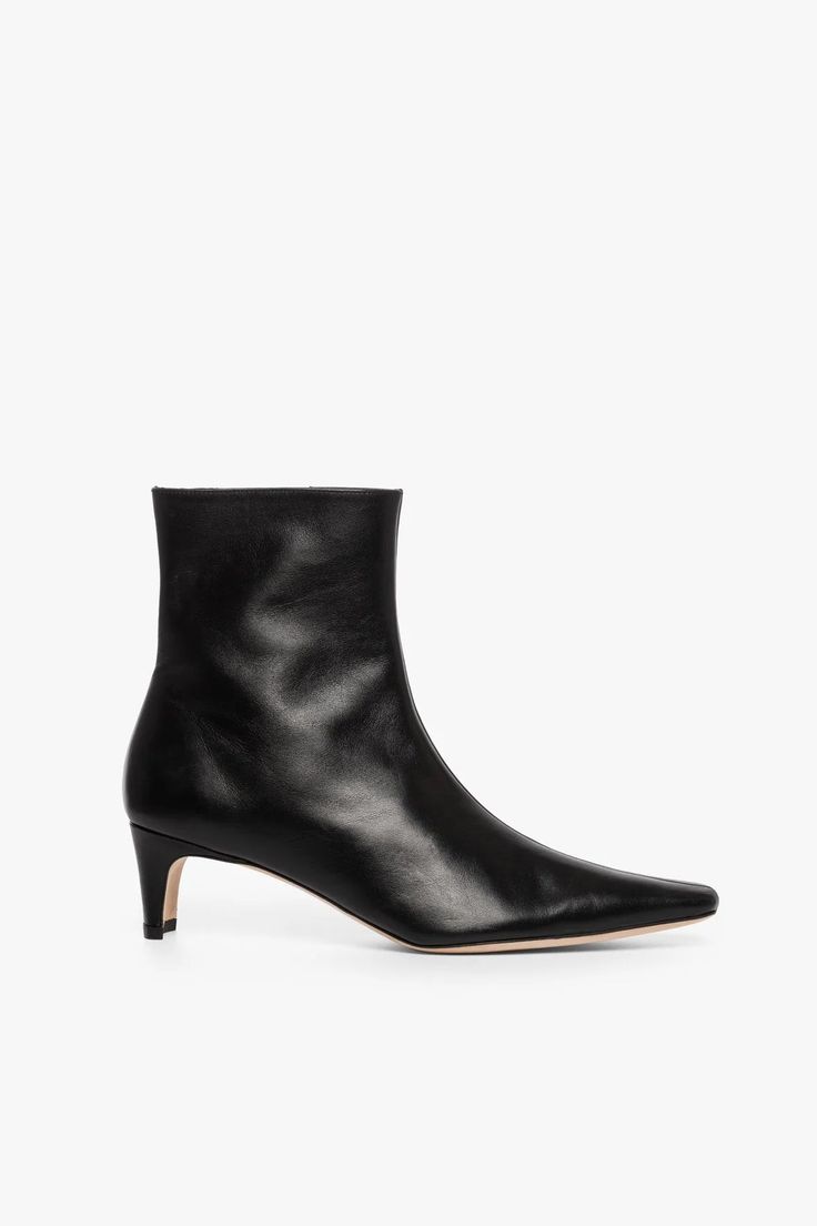 A nappa leather ankle boot, this style features a pointed rectangular toe and a blade heel. The Wally Ankle boot features a side zip closure. Upper: 100% Goat Leather Sole: 95% Leather, 5% Abs Heel height: 45 mm/1.7 in. Fits true to size Bra Alternatives, Kitten Heel Boots, Flat Heel Boots, Shoes Boots Ankle, Denim Shoes, Goat Leather, Sneaker Heels, Heel Boots, Kitten Heel