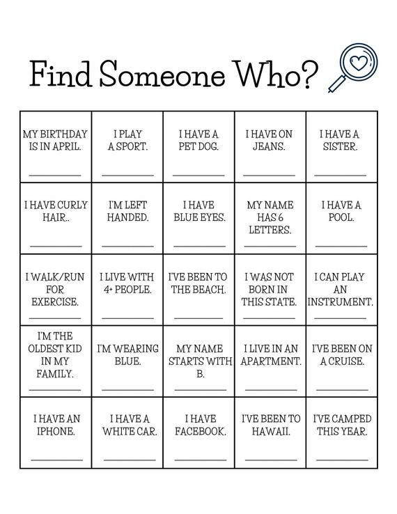 a printable game with words that say, find someone who?