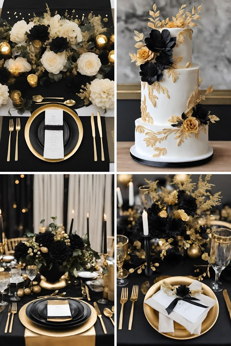 black and gold wedding table setting with flowers, candles and place settings for the cake