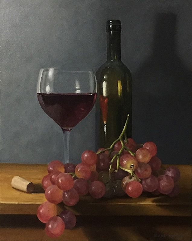 a painting of a glass of wine next to a bottle and some grapes on a table