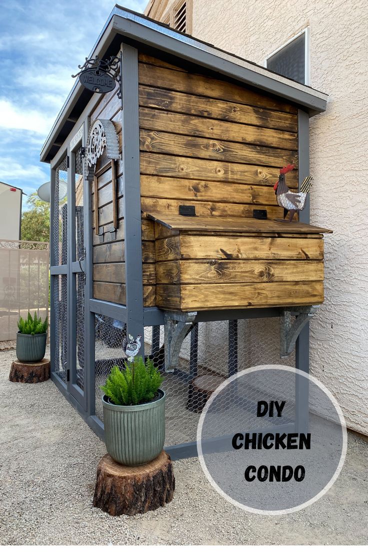 the chicken coop is made out of wood and metal