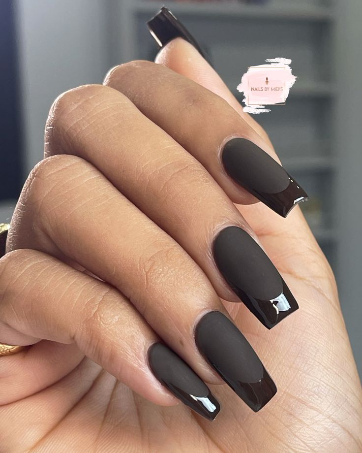 Half Matte Half Gloss Nails French Tip, Matte Black Nails With Gloss French Tip, Black Nails With Matte French, Matte Nails With Shiny Tips French, Black On Black French Tip Nails Matte, Matte Black Nails Shiny Tip, Mate French Nails, Matte Nail Glossy French Tip, Matte Nails Shiny French