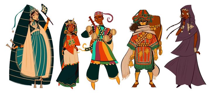 four different types of people dressed in ethnic style clothing and headdress, all standing side by side