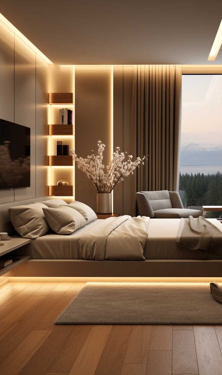 a modern bedroom with wood floors and large windows overlooking the mountains is lit by recessed lighting