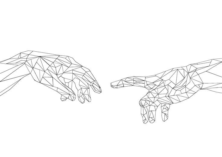 two hands touching each other with low polygonal lines in the shape of an animal's head