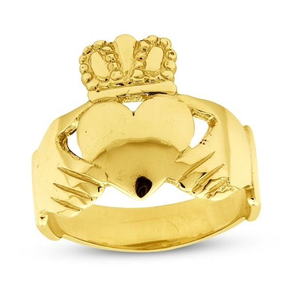 Crafted of 14K yellow gold with a high-polish finish, this lovely Claddagh ring carries a sentimental message. Tradition holds that if the crown is worn at the top, the ring is a gift of love; when given in friendship, the crown is at the bottom. 14k Gold Crown Design Diamond Ring, Gold Crown Design Diamond Ring In 14k Gold, Gold Diamond Ring With Crown Design In 14k, Crown Shaped 14k Yellow Gold Jewelry, Classic Yellow Gold Rings With Crown Design, Anniversary Crown Shaped 14k Gold Ring, Gold Ring With Crown Design For Anniversary, Luxury Yellow Gold Rings With Crown Design, 14k Gold Crown Design Anniversary Rings