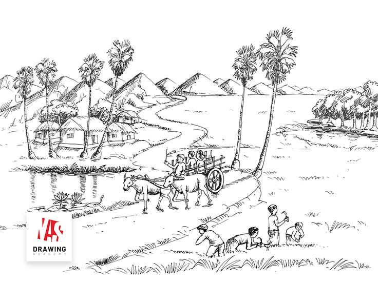 a drawing of people riding in a horse drawn carriage on the side of a river