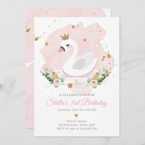 a pink swan birthday party card with gold glitter and flowers on the front, featuring a white swan wearing a tiara