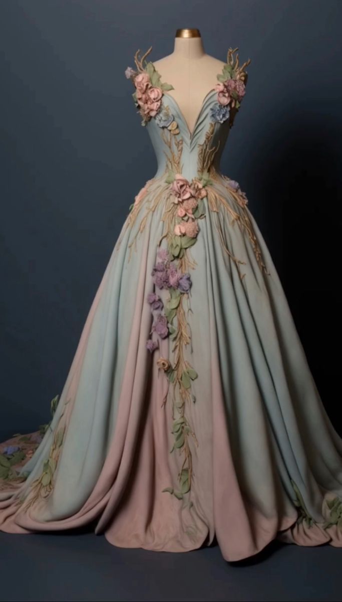 ACOTAR Spring Court inspired gown Acotar Ball Outfits, Acotar Spring Court Dresses, Spring Court Acotar Dress, Spring Ballgown, Spring Court Fashion, Fae Dress Gowns, Acotar Gowns, Spring Court Dress, Feyre Dress