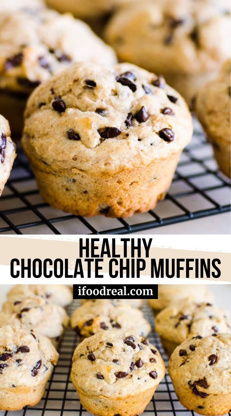 healthy chocolate chip muffins cooling on a wire rack with text overlay that says healthy chocolate chip muffins