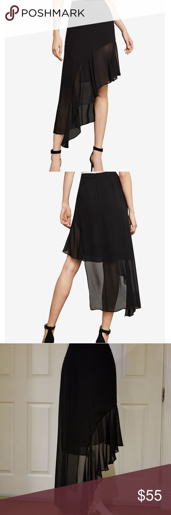 NWT BCBG ASYMMETRICAL RUFFLE SKIRT IN BLACK On-trend styling cues define this expressive silhouette crafted from airy georgette and featuring an eye-catching sheer panel and asymmetric ruffles.  Hidden back zipper closure  Asymmetrical hemline; cascading ruffle detailing  Polyester micro georgette; lining: polyester crepe de chine  Waist to shortest hem measures approx 23" in length and to longest hem 45" in length  Retailed: $158 BCBGMaxAzria Skirts Asymmetrical Asymmetrical Draped Skirt For Spring Cocktail, Chic High-low Hem Flowy Wrap Skirt, Chic Flowy High-low Wrap Skirt, Elegant Black Wrap Skirt With Asymmetrical Hem, Chic High-low Wrap Skirt, Spring Cocktail Asymmetrical Draped Skirt, Black Asymmetrical Draped Skirt For Spring, Black Draped Skirt With Asymmetrical Hem For Spring, Asymmetrical Skirt For Summer Cocktail