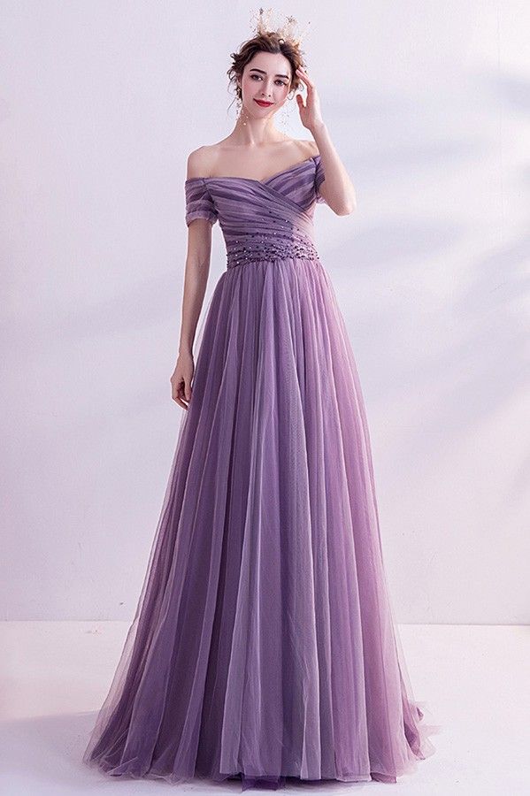 Tulle Prom Dress Long, Short Sleeve Prom Dresses, Isabelle Drummond, Prom Dress A Line, Tulle Long Prom Dress, Purple Tulle, A Line Evening Dress, A Line Prom Dresses, Prom Dresses Online