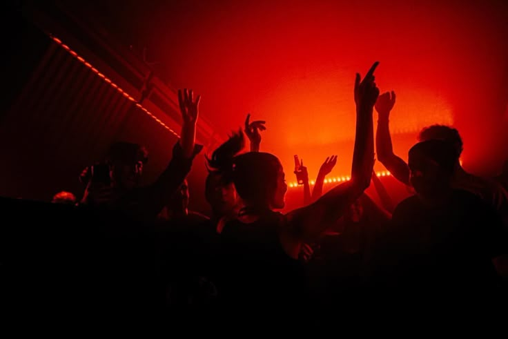 silhouettes of people raising their hands in front of a red light at a concert