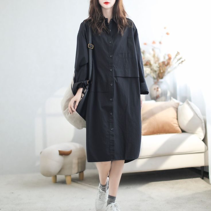 Details: Item Type: Dress Main Material: Cotton Season: Spring, Autumn Style: Leisure, Daily Pattern Type: Solid Waist Type: Loose Fit Type: Loose fit/ Pullover Size: One Size Length: 100.00 cm/ 39.37 " Bust: 128.00 cm/ 50.39 " Sleeve: 72.00 cm/ 28.35 " Casual Cotton Office Dress, Cotton Solid Color Midi Dress For Work, Cotton Midi Dress Solid Color For Work, Cotton Midi Dress In Solid Color For Work, Casual Solid Color Shirt Dress For Office, Casual Solid Color Office Shirt Dress, Solid Color Shift Midi Dress For Work, Fall Shift Midi Length Shirt Dress, Casual Cotton Midi Dress For Office